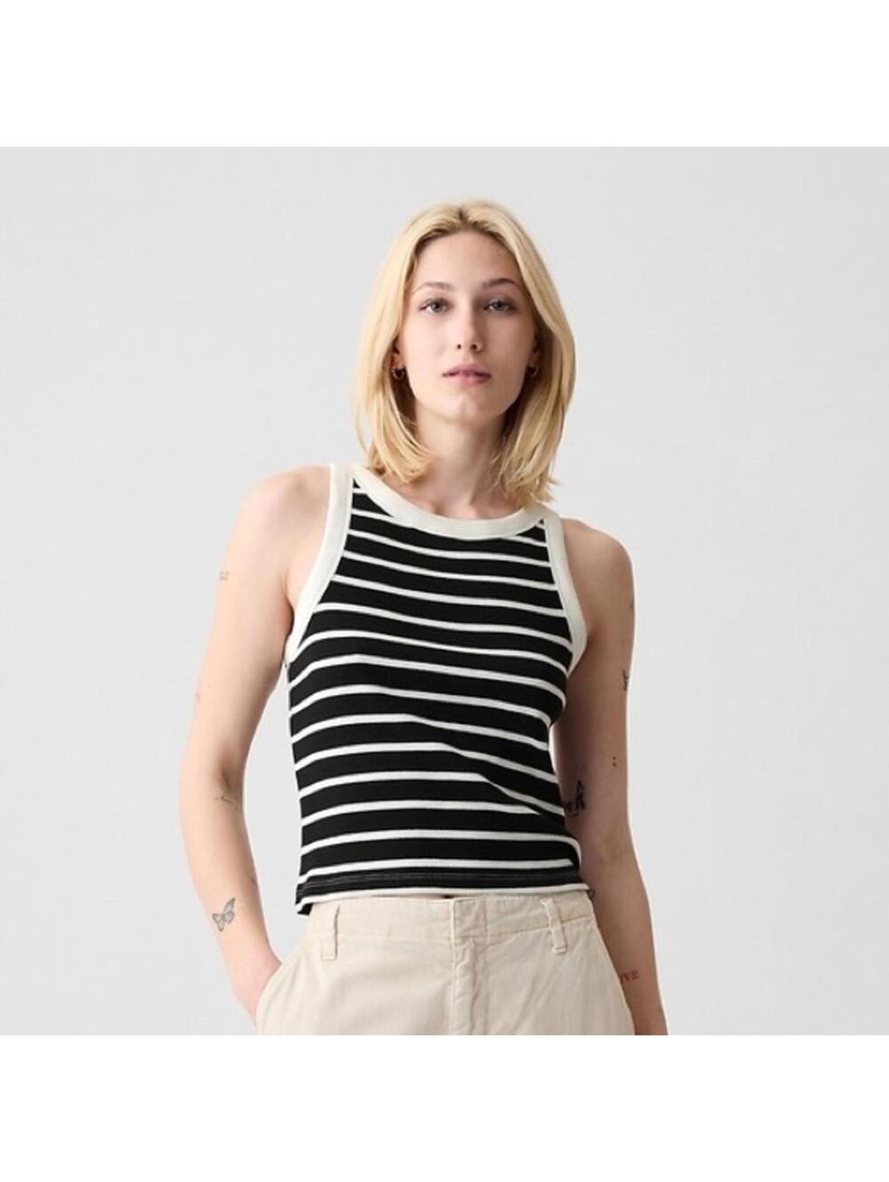 Gap Modern Rib Cropped Halter Top - Black White Stripe - XS